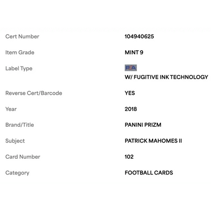 Patrick Mahomes PSA 9 2018 Panini Prizm Card #102
