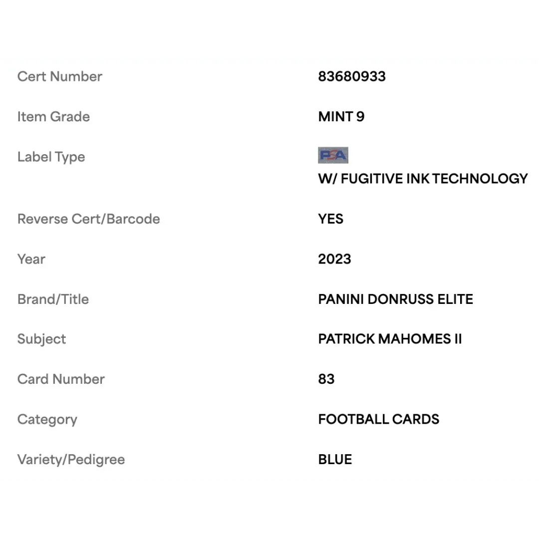 Patrick Mahomes PSA 9 2023 Panini Donruss Elite Blue #d/ 99 Card #83