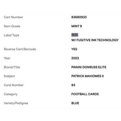 Patrick Mahomes PSA 9 2023 Panini Donruss Elite Blue #d/ 99 Card #83