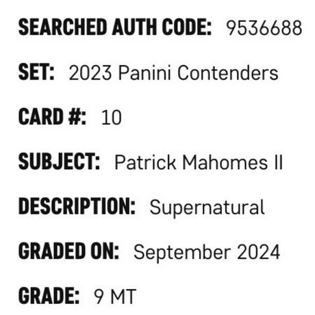 Patrick Mahomes SGC 9 2023 Panini Contenders Supernatural Card #10