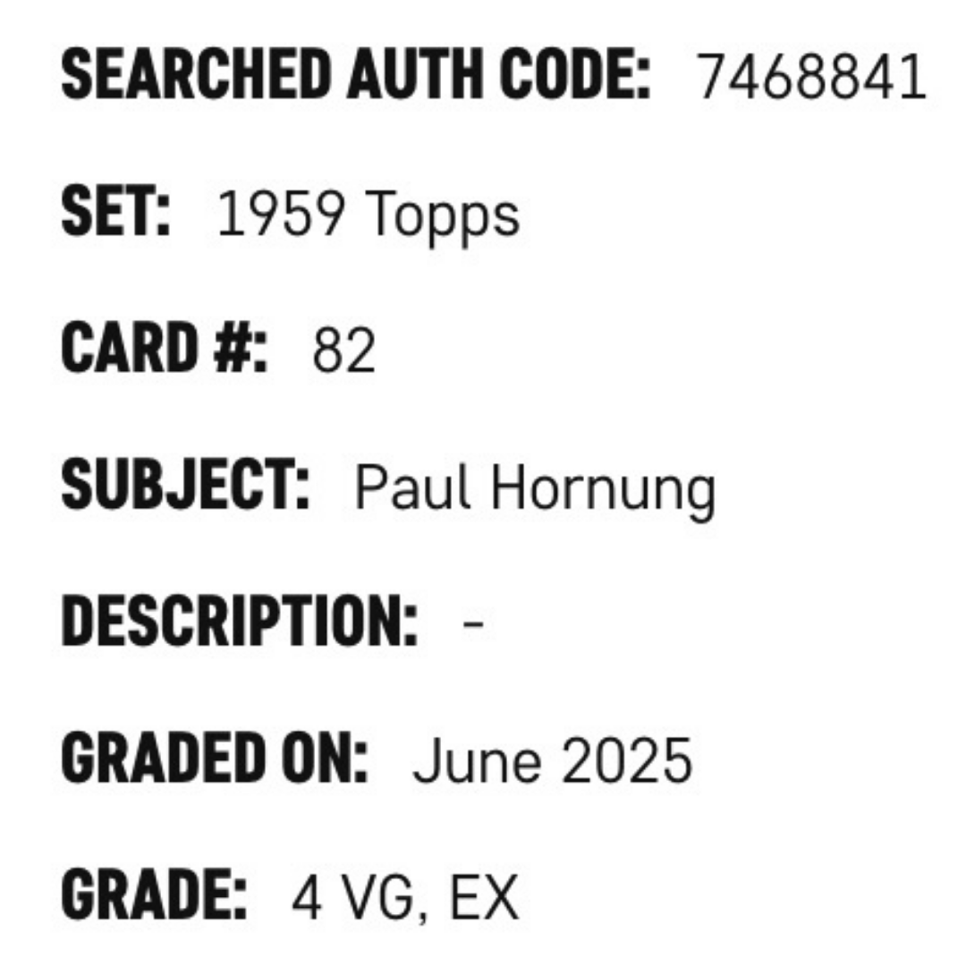 Paul Hornung SGC 4 1959 Topps Card #82