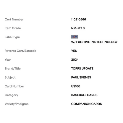 Paul Skenes PSA 8 2024 Topps Update Companion Cards Rookie RC Card #US100