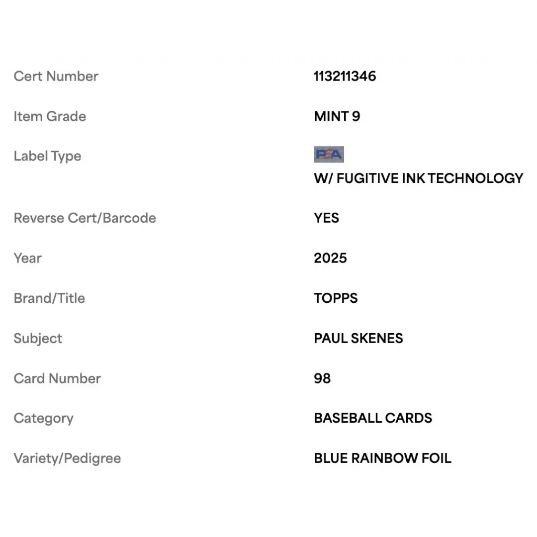 Paul Skenes PSA 9 2025 Topps Blue Rainbow Foil #d/ 150 Card #98