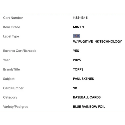 Paul Skenes PSA 9 2025 Topps Blue Rainbow Foil #d/ 150 Card #98