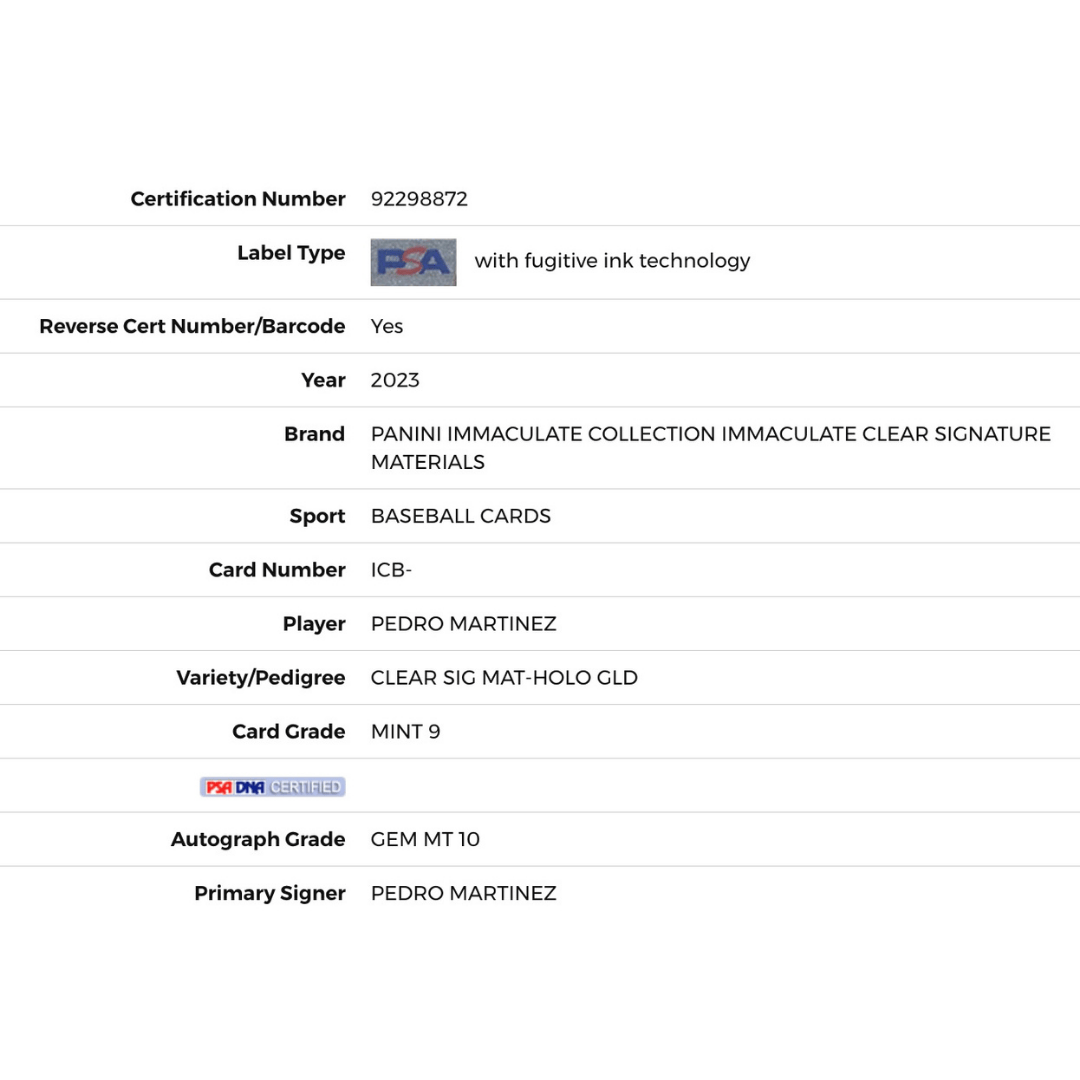 Pedro Martinez PSA 9 2023 Panini Immaculate Collection Clear Signature Materials Card #ICB-PM