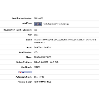 Pedro Martinez PSA 9 2023 Panini Immaculate Collection Clear Signature Materials Card #ICB-PM