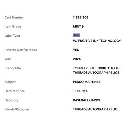 Pedro Martinez PSA 9 2024 Topps Tribute Threads Autograph Relic Card #TTTAPMA