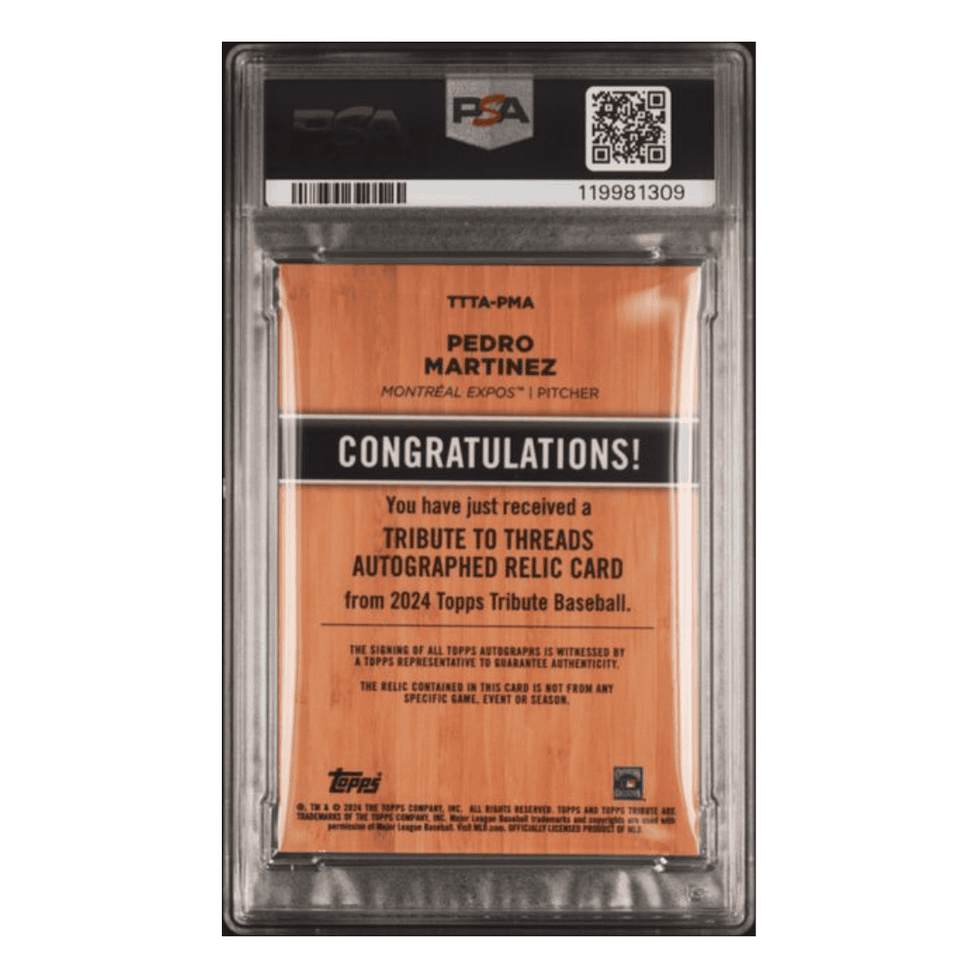 Pedro Martinez PSA 9 2024 Topps Tribute Threads Autograph Relic Card #TTTAPMA