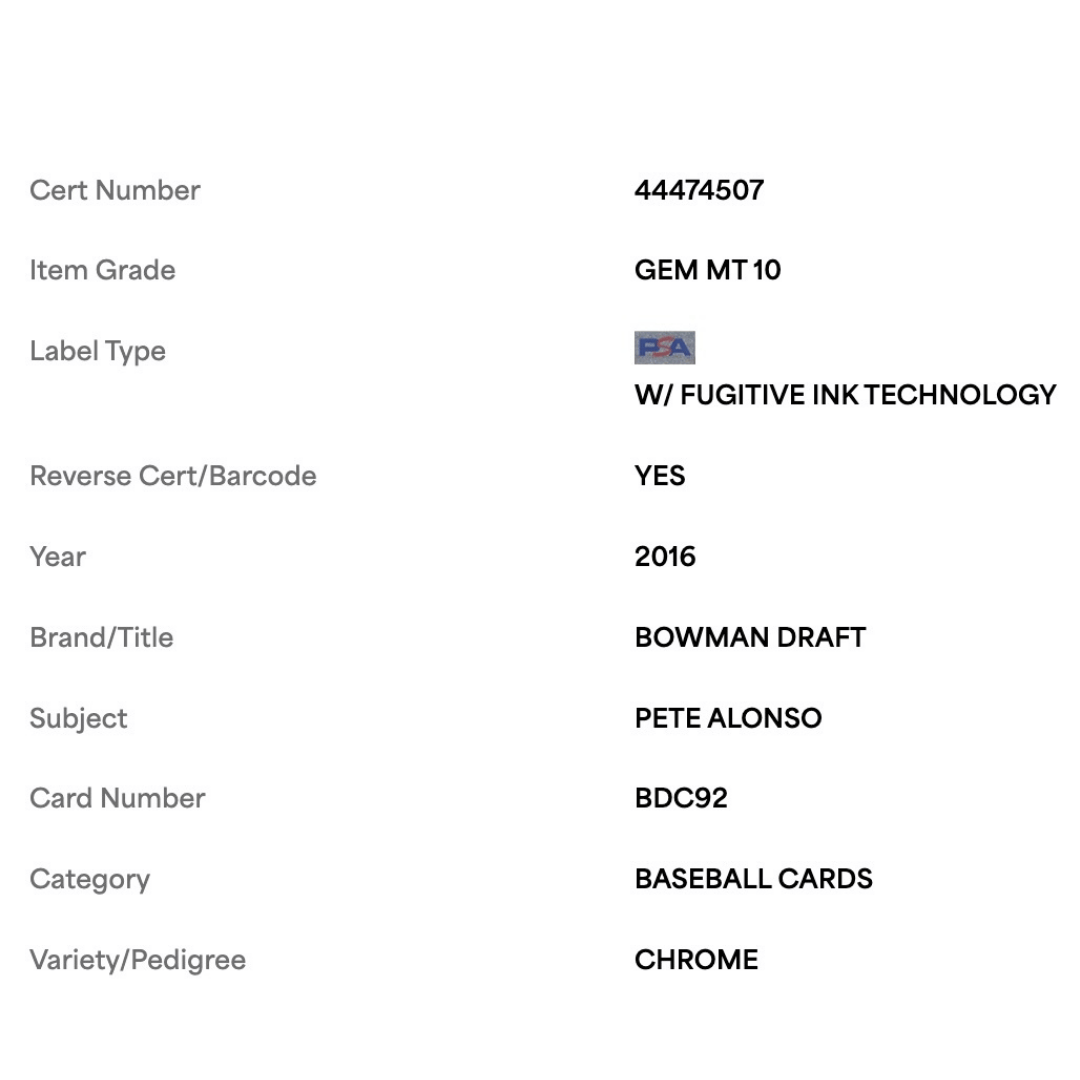 Pete Alonso PSA 10 2016 Topps Bowman Draft Chrome Card #BDC92