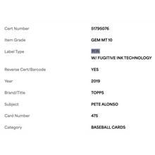 Pete Alonso PSA 10 2019 Topps Rookie RC Card #475