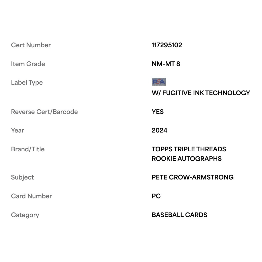 Pete Crow-Armstrong PSA 8 2024 Topps Triple Threads Autograph Rookie RC #d /199 Card #PC