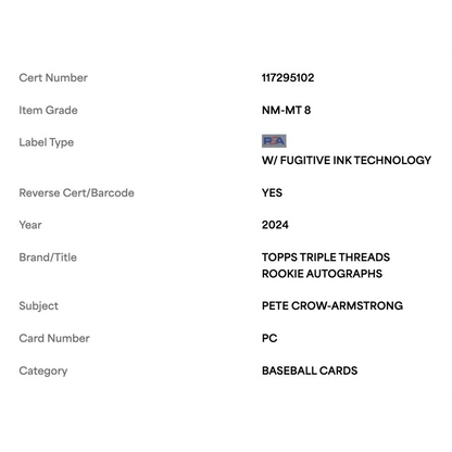 Pete Crow-Armstrong PSA 8 2024 Topps Triple Threads Autograph Rookie RC #d /199 Card #PC