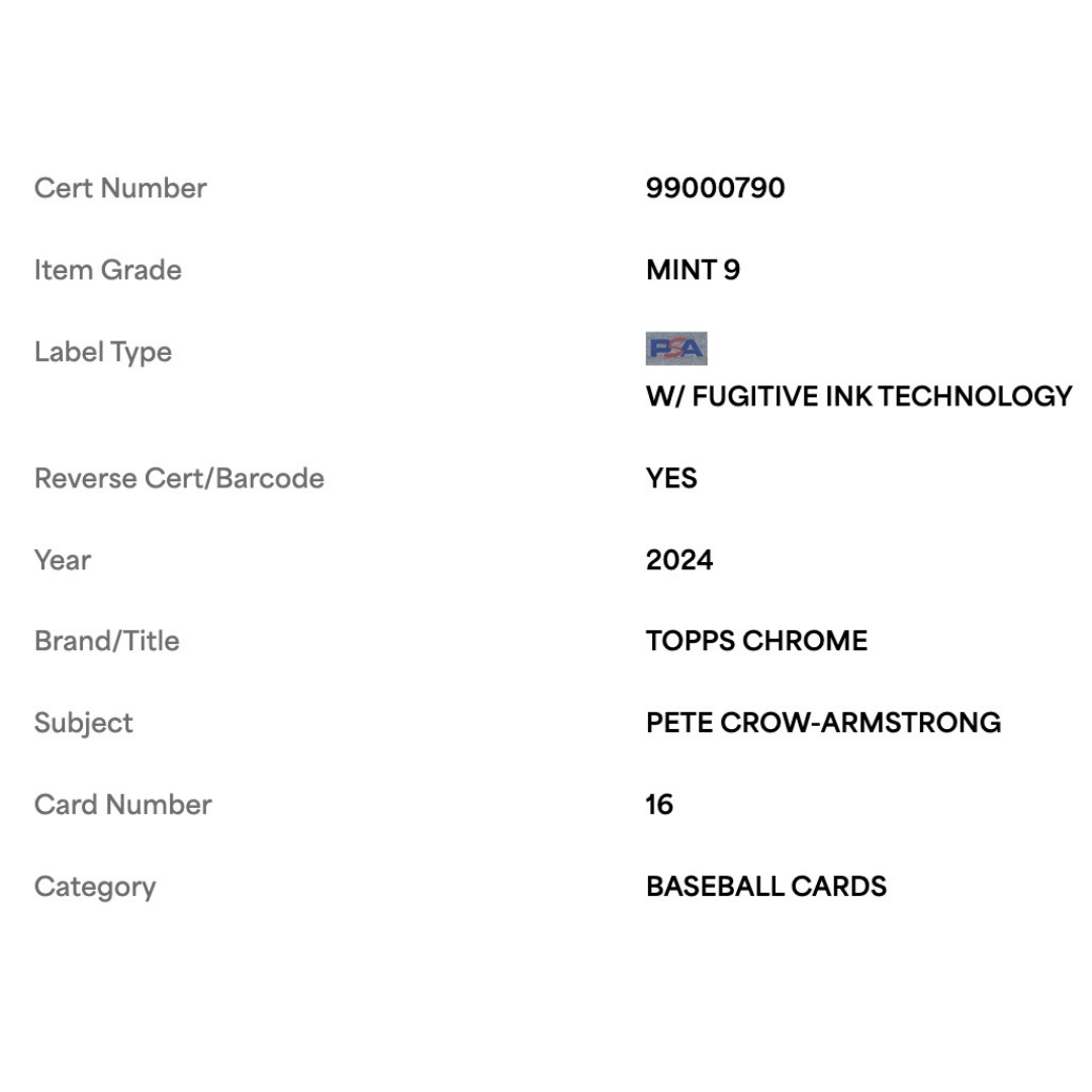 Pete Crow-Armstrong PSA 9 2024 Topps Chrome Rookie RC Card #16