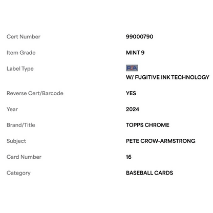 Pete Crow-Armstrong PSA 9 2024 Topps Chrome Rookie RC Card #16