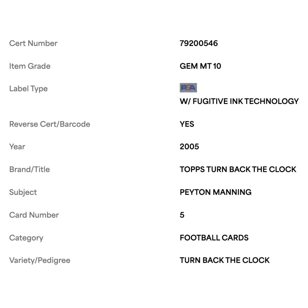 Peyton Manning PSA 10 2005 Topps Turn Back The Clock Card #5