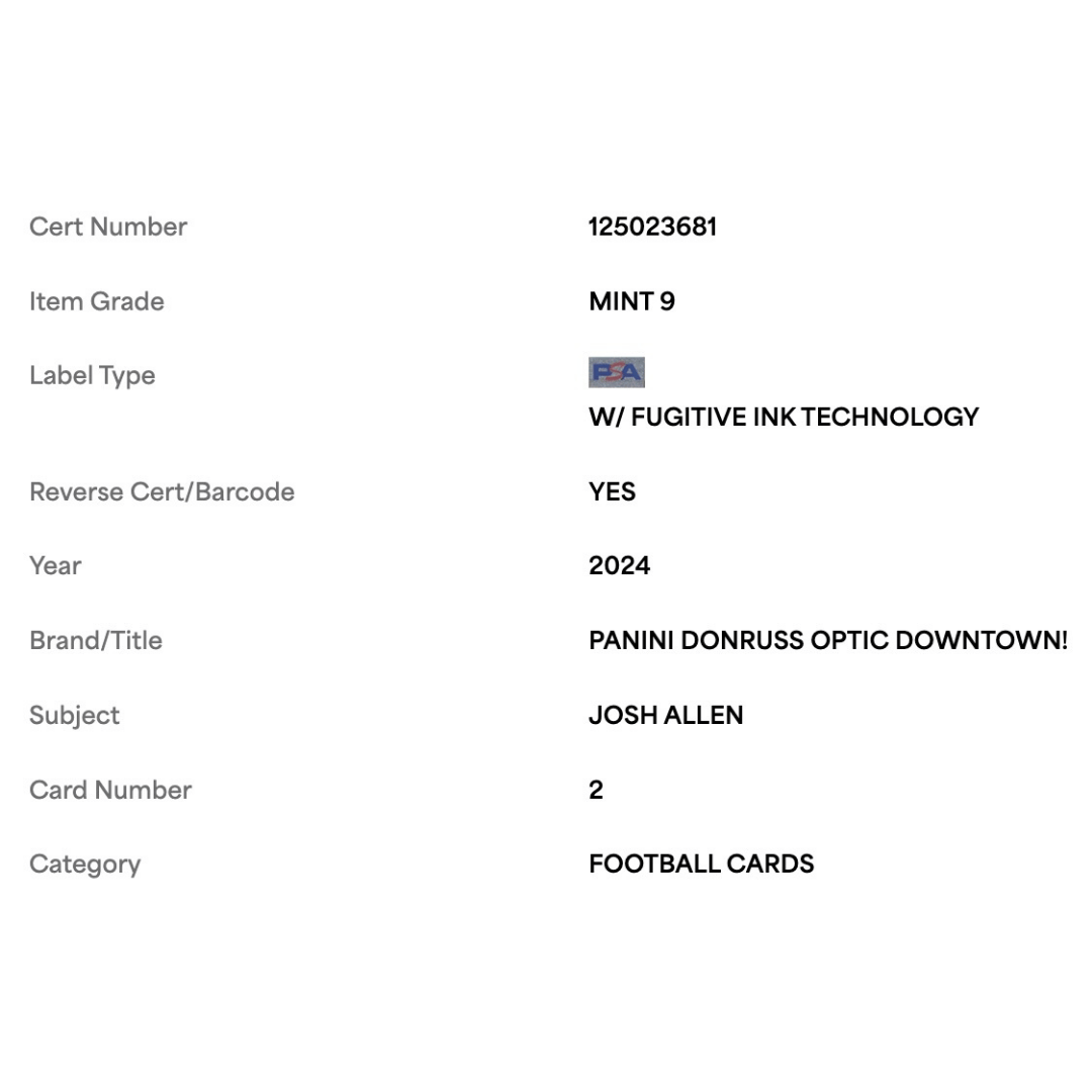 Josh Allen PSA 9 2024 Panini Donruss Optic Downtown! Card #2