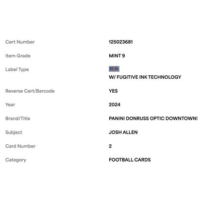 Josh Allen PSA 9 2024 Panini Donruss Optic Downtown! Card #2