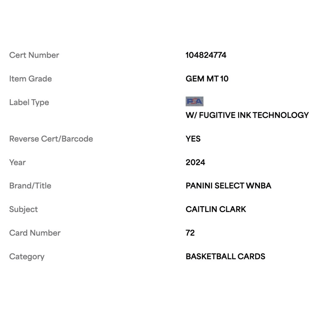 Caitlin Clark PSA 10 2024 Panini Select WNBA Rookie RC Card #72