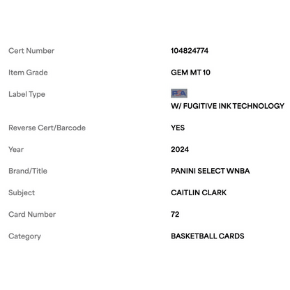 Caitlin Clark PSA 10 2024 Panini Select WNBA Rookie RC Card #72