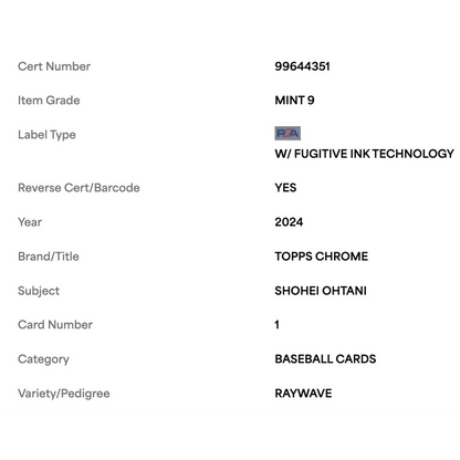 Shohei Ohtani PSA 9 2024 Topps Chrome Raywave Card #1