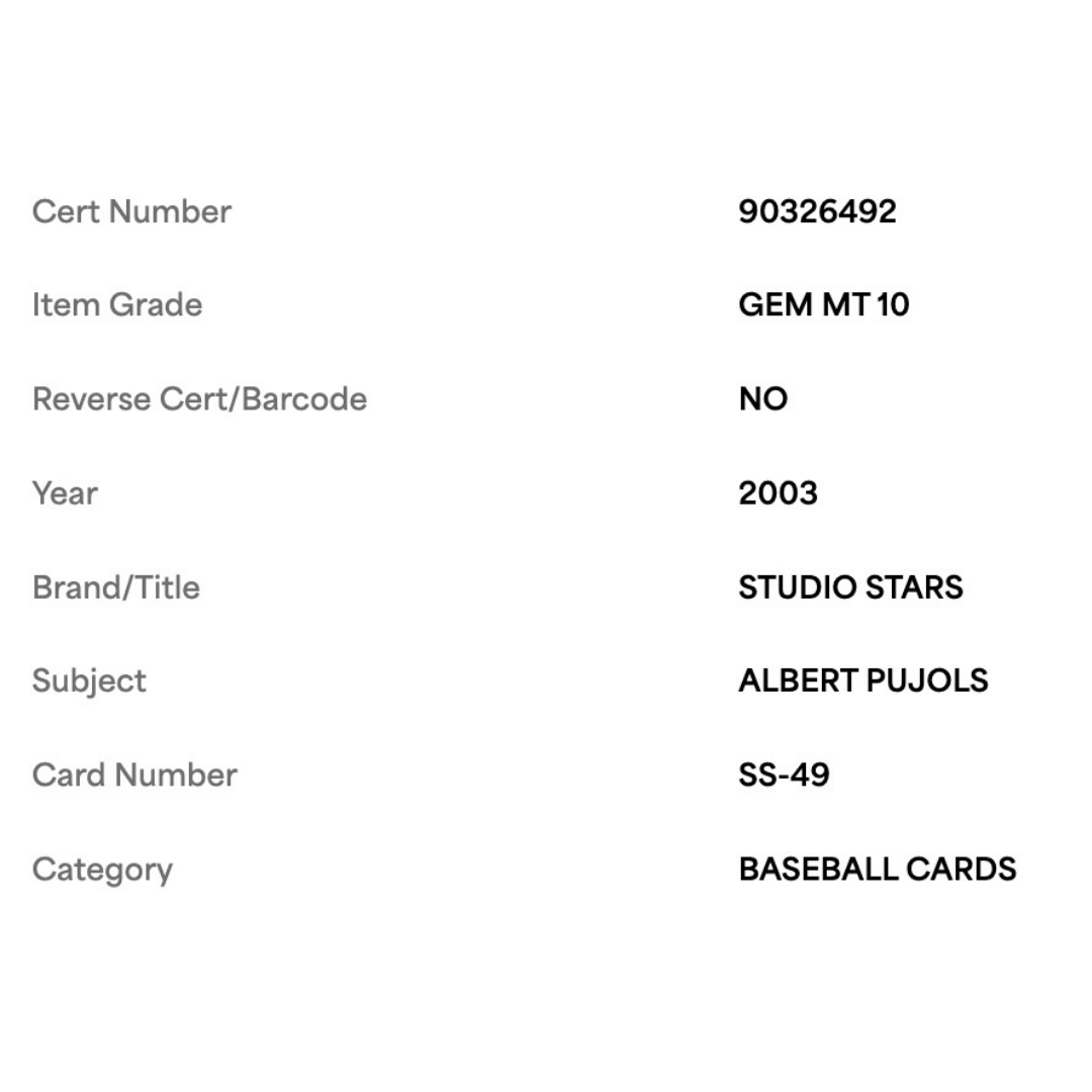 Albert Pujols PSA 10 2003 Donruss Studio Stars Card #SS-49