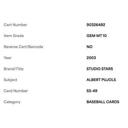 Albert Pujols PSA 10 2003 Donruss Studio Stars Card #SS-49