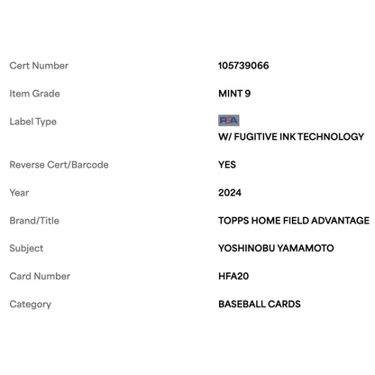 Yoshinobu Yamamoto PSA 9 2024 Topps Home Field Advantage Rookie RC Card #HFA20