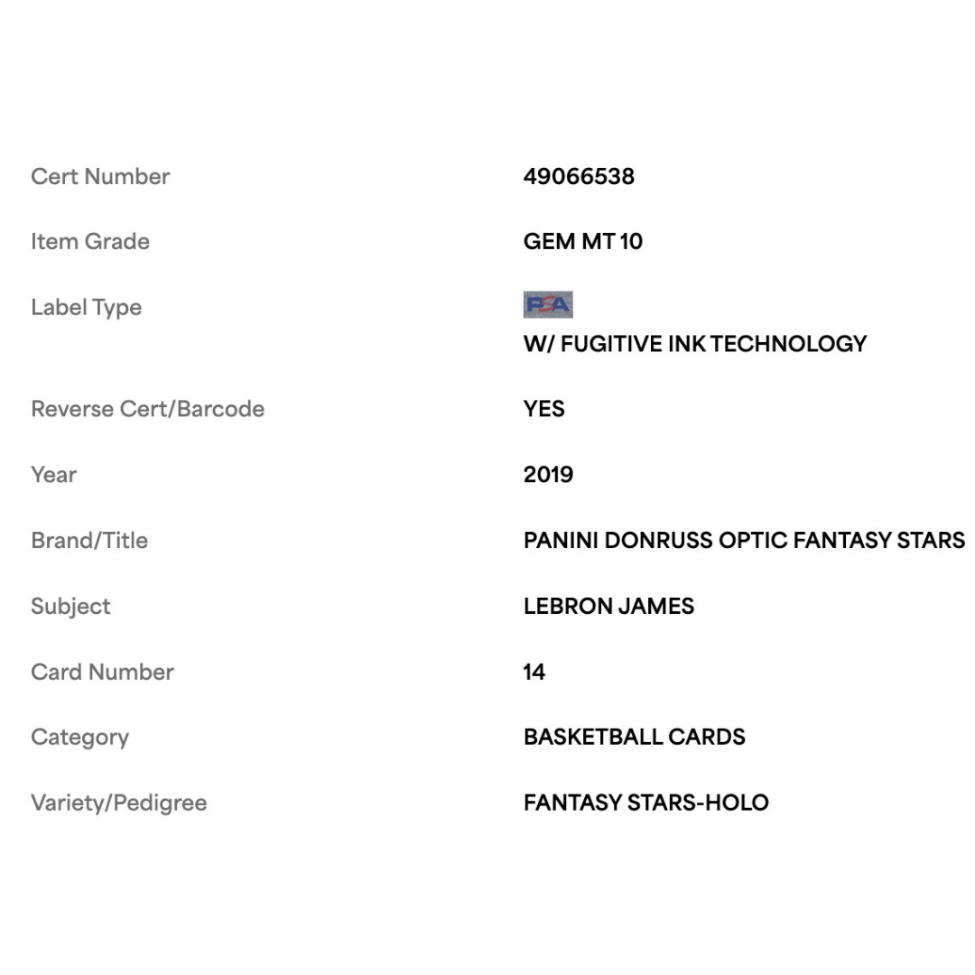 LeBron James PSA 10 2019 Panini Donruss Optic Fantasy Stars Holo Card #14