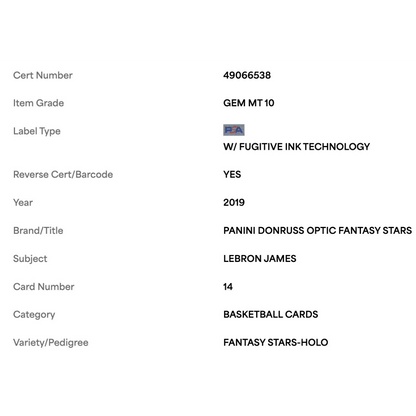LeBron James PSA 10 2019 Panini Donruss Optic Fantasy Stars Holo Card #14