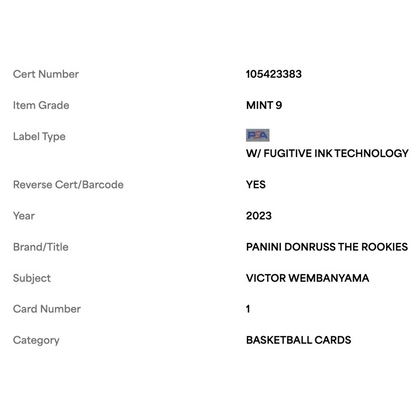 Victor Wembanyama PSA 9 2023 Panini Donruss The Rookies Card #1