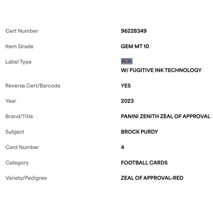 Brock Purdy PSA 10 2023 Panini Zenith Zeal of Approval Red Card #4