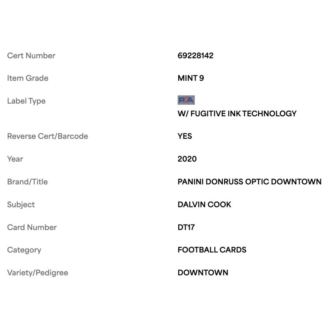 Dalvin Cook PSA 9 2020 Panini Donruss Optic Downtown Card #DT17