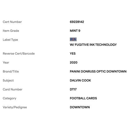 Dalvin Cook PSA 9 2020 Panini Donruss Optic Downtown Card #DT17