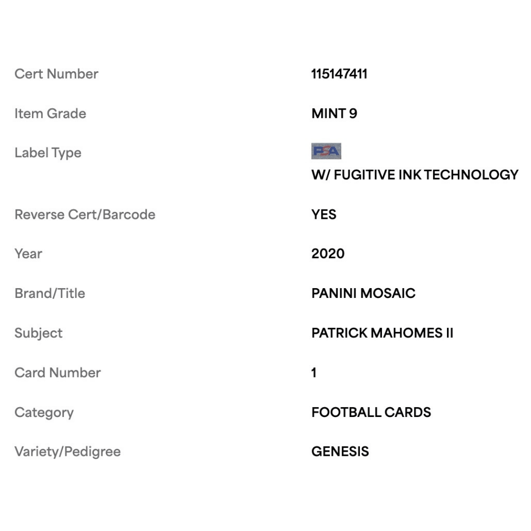 Patrick Mahomes PSA 9 2020 Panini Mosaic Genesis Case Hit Card #1