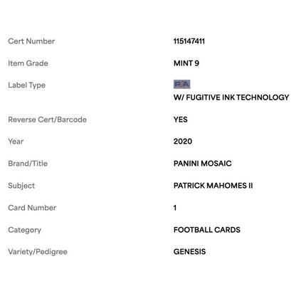 Patrick Mahomes PSA 9 2020 Panini Mosaic Genesis Case Hit Card #1