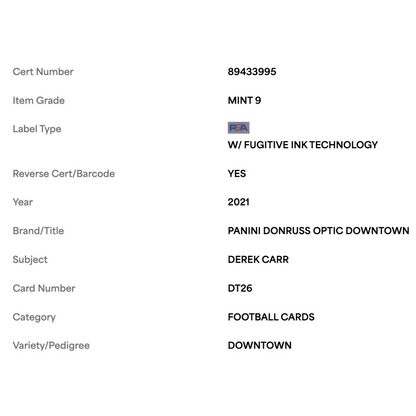 Derek Carr PSA 9 2021 Panini Donruss Optic Downtown Card #DT26