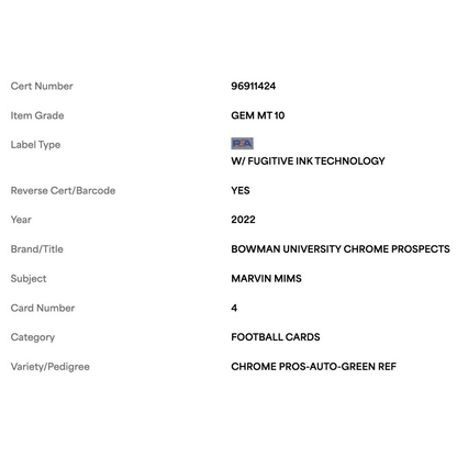 Marvin Mims PSA 10 2022 Topps Bowman University Chrome Prospects Autograph Green Refractor #d/ 99 Card #4