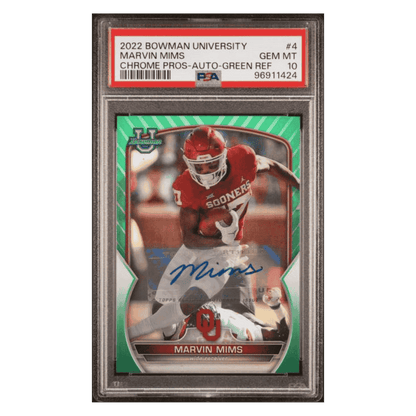 Marvin Mims PSA 10 2022 Topps Bowman University Chrome Prospects Autograph Green Refractor #d/ 99 Card #4