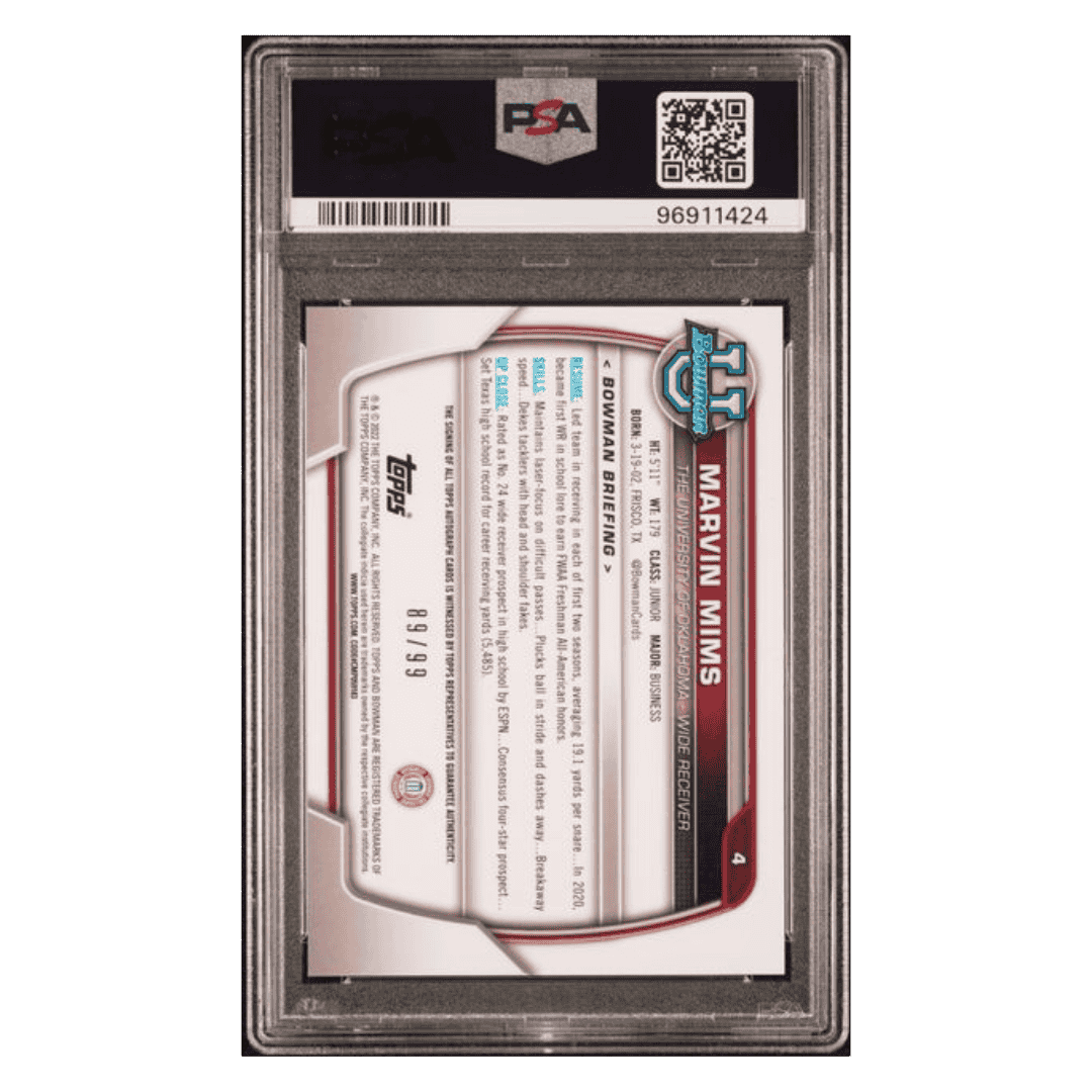 Marvin Mims PSA 10 2022 Topps Bowman University Chrome Prospects Autograph Green Refractor #d/ 99 Card #4