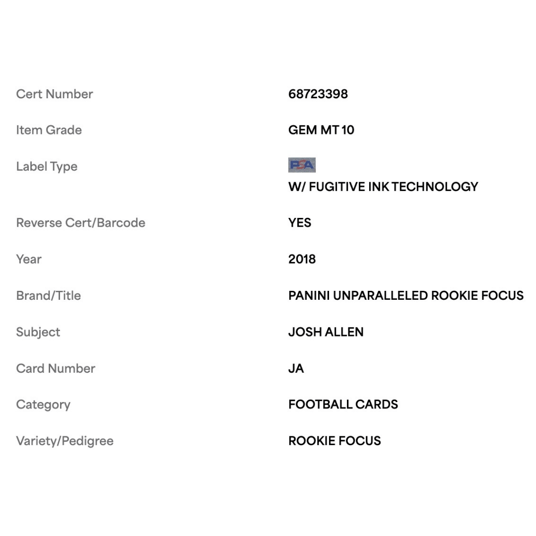 Josh Allen PSA 10 2018 Panini Unparalleled Rookie Focus Card #JA