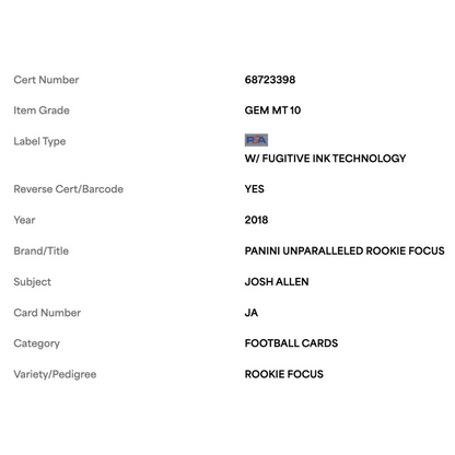 Josh Allen PSA 10 2018 Panini Unparalleled Rookie Focus Card #JA