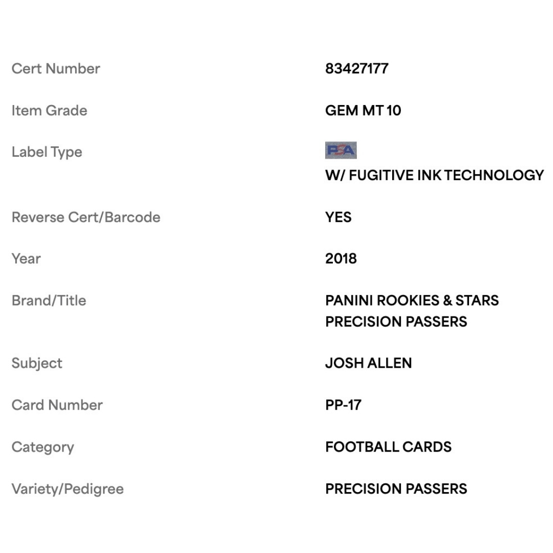 Josh Allen PSA 10 2018 Panini Rookies & Stars Precision Passers Card #PP17