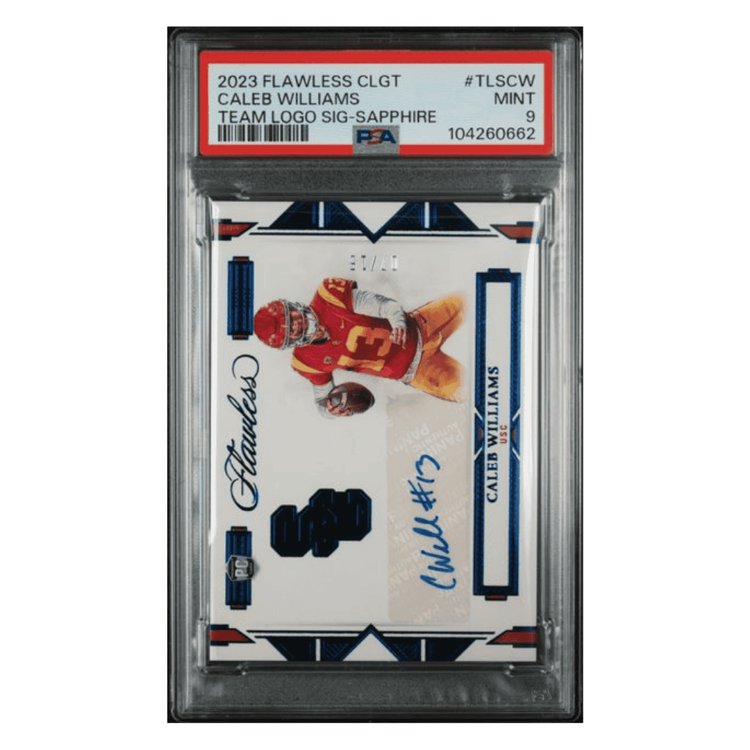 Caleb Williams PSA 9 2023 Panini Flawless Collegiate Team Logo Signature Sapphire Rookie RC #d/ 15 Card #TLSCW