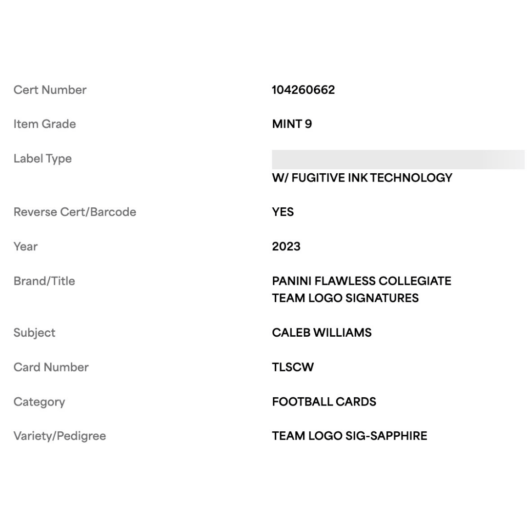 Caleb Williams PSA 9 2023 Panini Flawless Collegiate Team Logo Signature Sapphire Rookie RC #d/ 15 Card #TLSCW