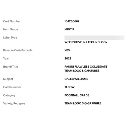 Caleb Williams PSA 9 2023 Panini Flawless Collegiate Team Logo Signature Sapphire Rookie RC #d/ 15 Card #TLSCW