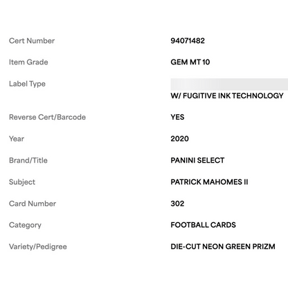 Patrick Mahomes PSA 10 2020 Panini Select Die Cut Neon Green Prizm Card #302