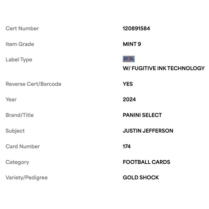 Justin Jefferson PSA 9 2024 Panini Select Gold Shock #d/ 10 Card #174