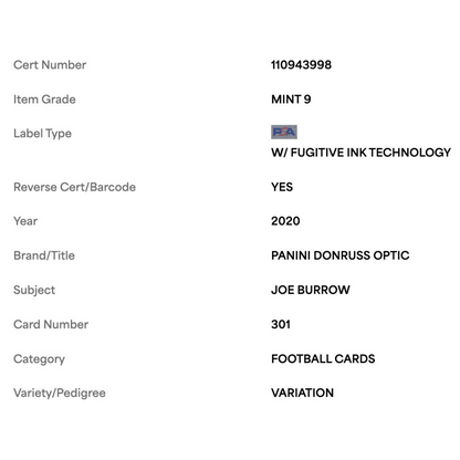 Joe Burrow PSA 9 2020 Panini Donruss Optic Variation Rated Rookie Card #301
