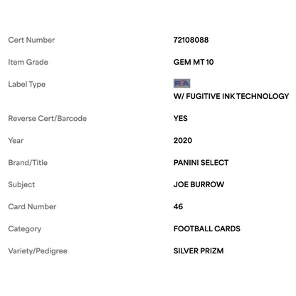 Joe Burrow PSA 10 2020 Panini Select Silver Prizm Rookie RC Card #46