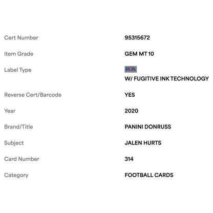 Jalen Hurts PSA 10 2020 Panini Donruss Rated Rookie Card #314
